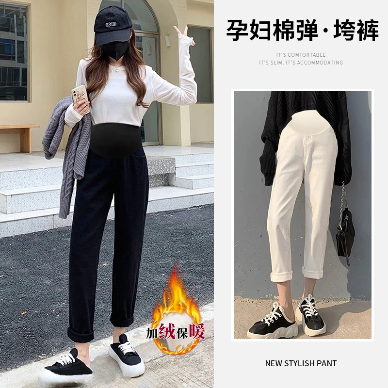 孕妇秋季新款韩版休闲百搭白色牛仔裤宽松显瘦外穿直筒托腹裤