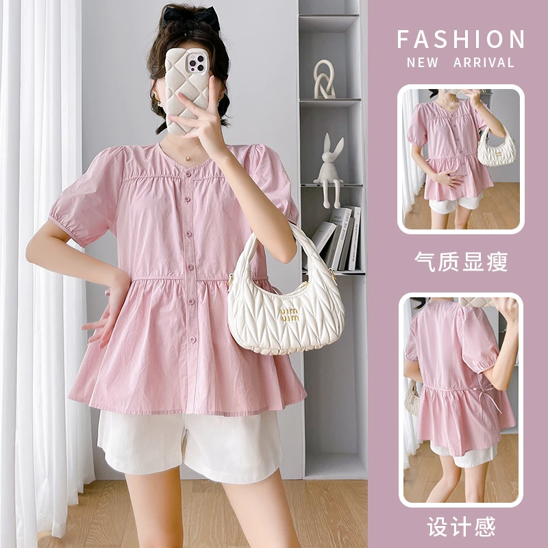 孕妇2024夏季新款气质减龄娃娃衫清新宽松显瘦短袖衬衫套装