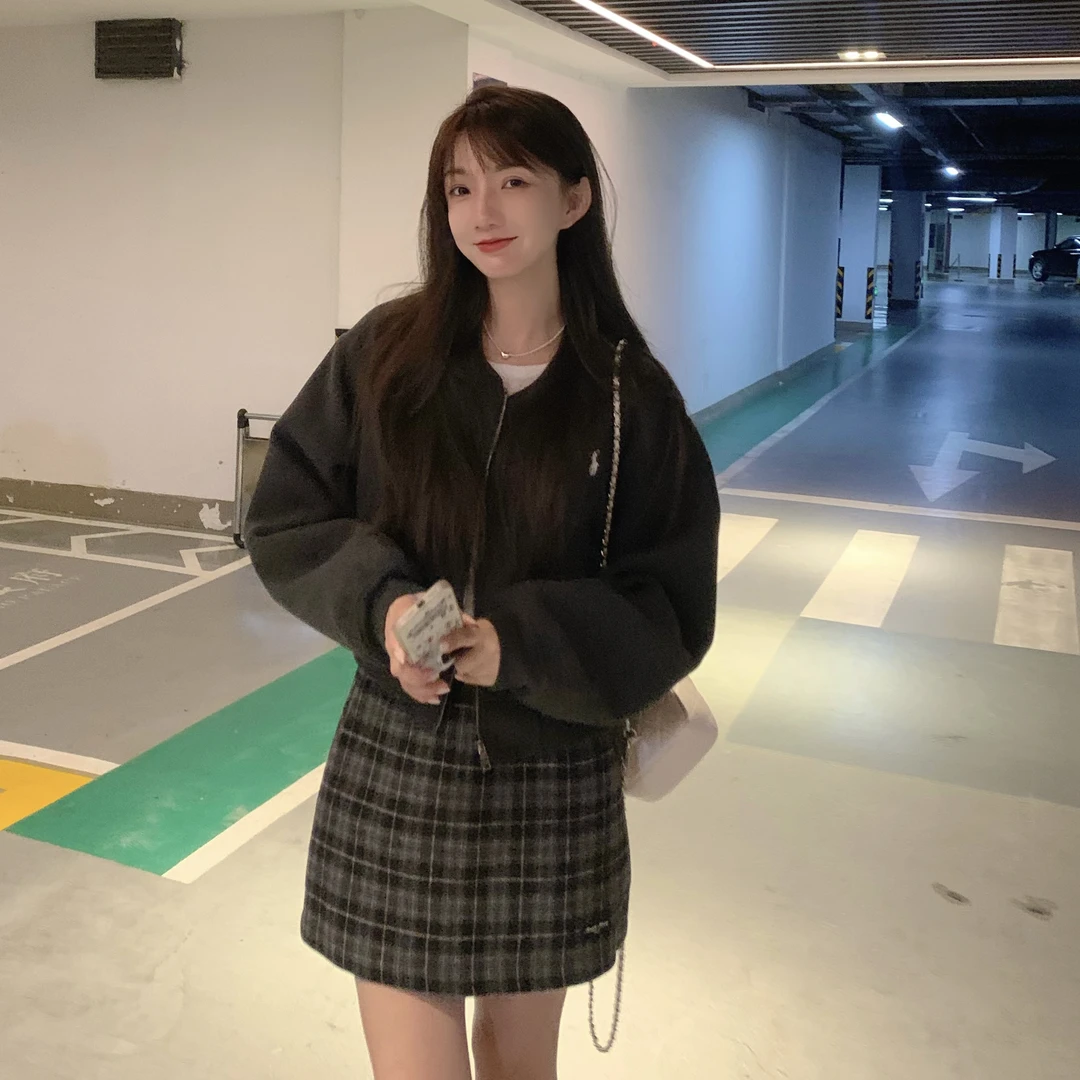 毛小兔2024秋冬深灰色夹棉棒球外套