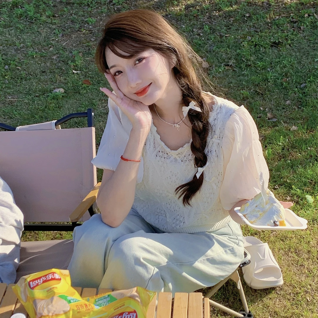 毛小兔2024新款夏季拼接雪纺泡泡袖上衣