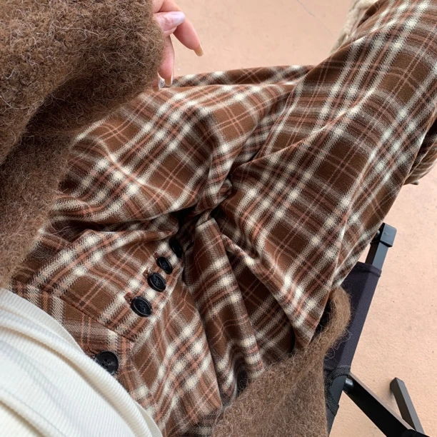 复古格纹多纽扣设计宽松阔腿裤休闲百搭