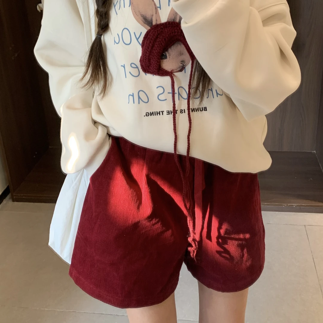 毛小兔2024秋装新品酒红色复古宽松短裤