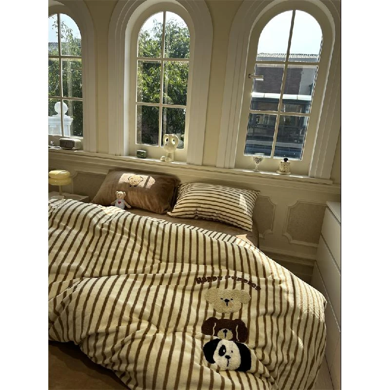 卡通涂鸦小狗牛奶绒毛巾绣咖色线条四件套学生宿舍秋冬加厚三件套