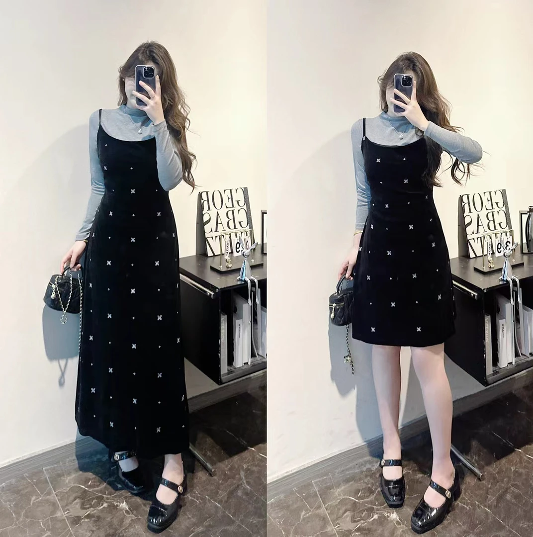 【MuMu】灰色撒银半高领打底N9088+丝绒刺绣收腰吊带背心裙N9089