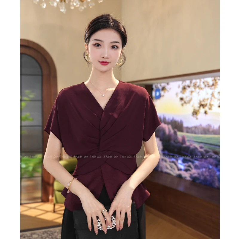 现货2025年夏季新款【ZM24-X568】气质轻奢显白酒红色高贵短袖上衣