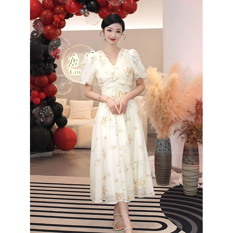 现货2025夏季新款【1998】法式浪漫小众度假风显瘦碎花杏色连衣裙子