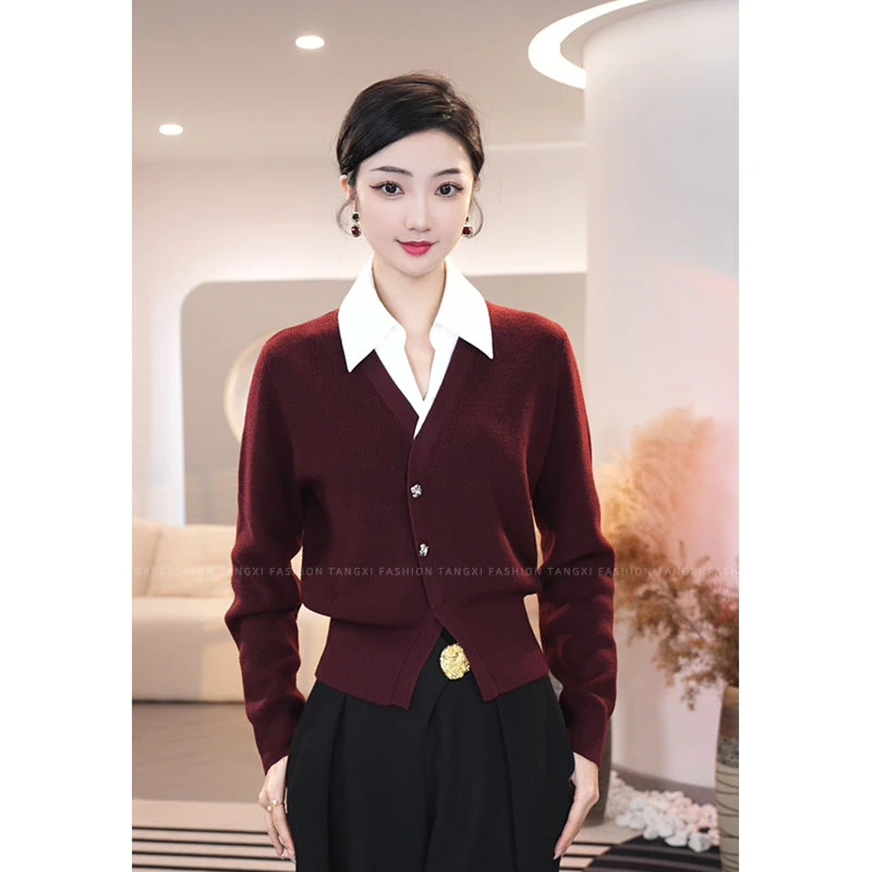 预售2025秋冬新款【6576】含绵羊毛假两件设计安可拉红针织衫上衣女