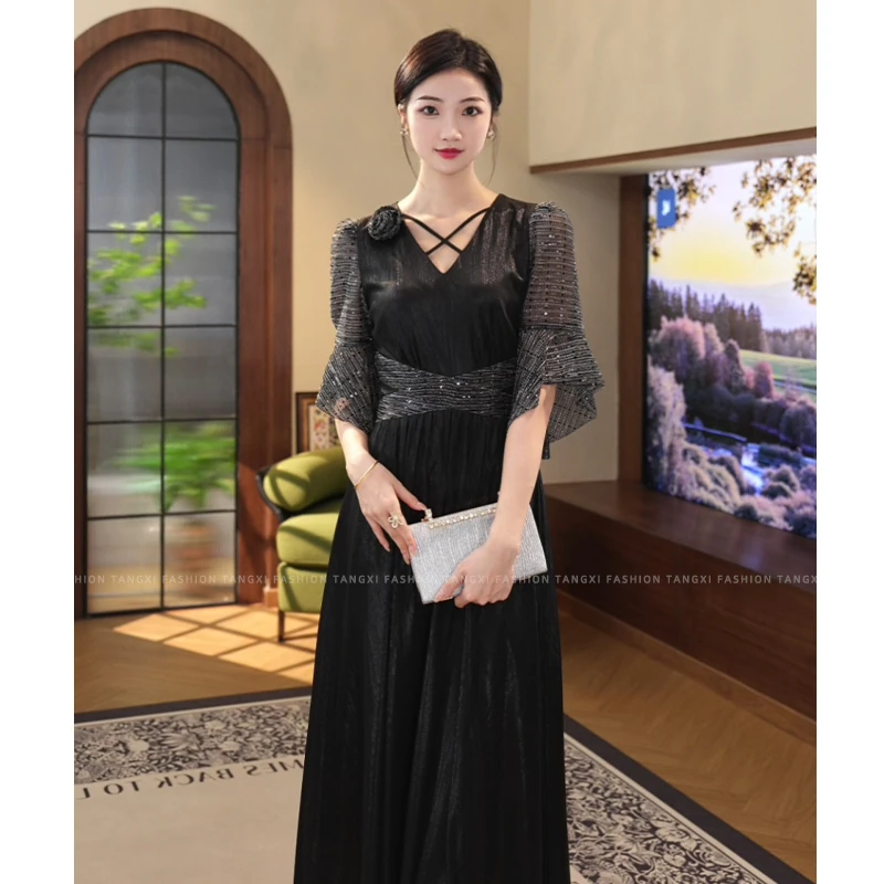 现货2025夏季新款【LT24-C220】高贵黑色轻奢显瘦优雅宴会连衣裙子