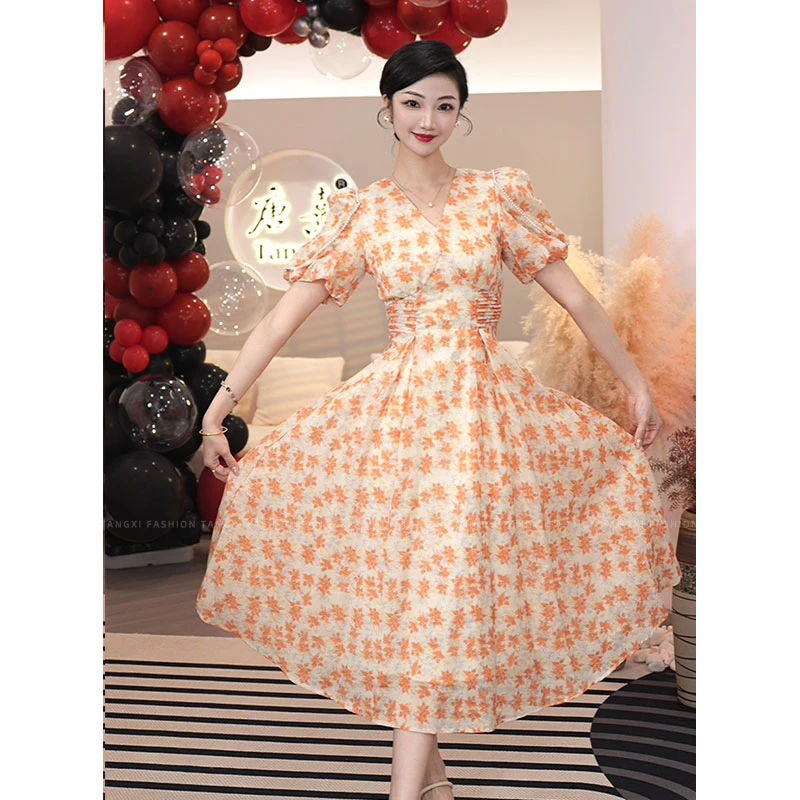 现货2025夏季新款【Q23-X42 】法式气质女装小众碎花收腰显瘦连衣裙