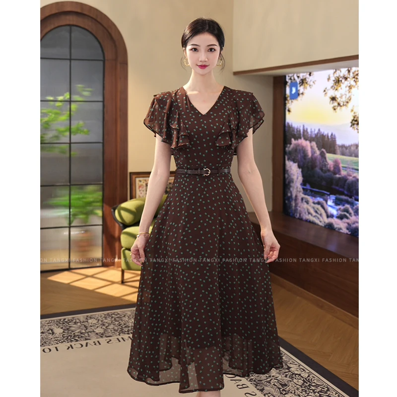 现货2025夏季新款【Q24-X363】飞飞袖V领时尚显瘦波点棕咖色连衣裙