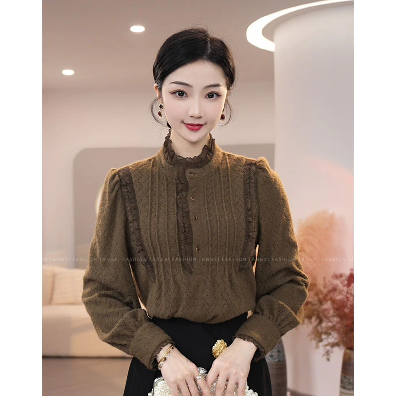 2025秋冬加厚【LT23-Q62】时尚气质高级感轻奢植绒蕾丝显瘦保暖上衣