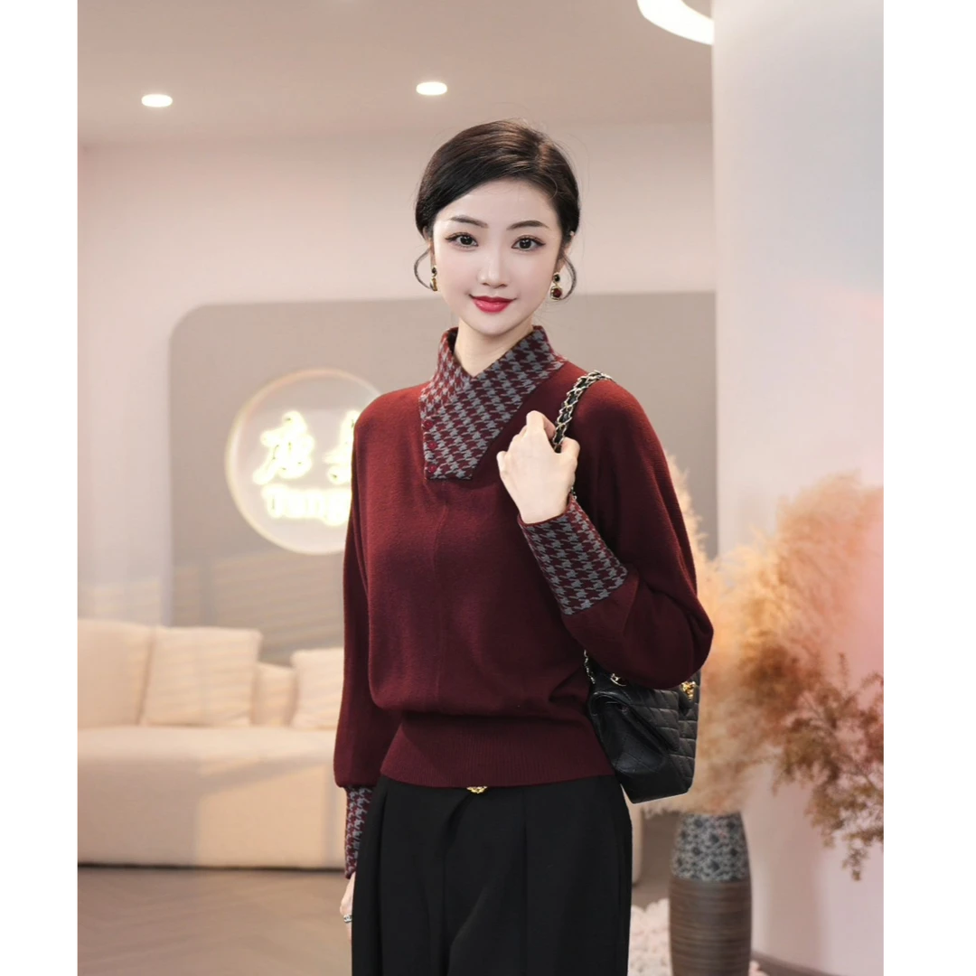 2025秋冬新款【TX-38】含绵羊毛红色时尚拼接套头针织衫女