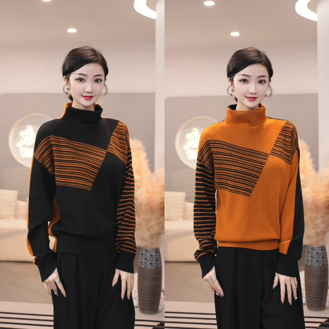 现货2025秋冬新款【6186】含绵羊毛套头黑拼橙色针织衫毛衣上衣