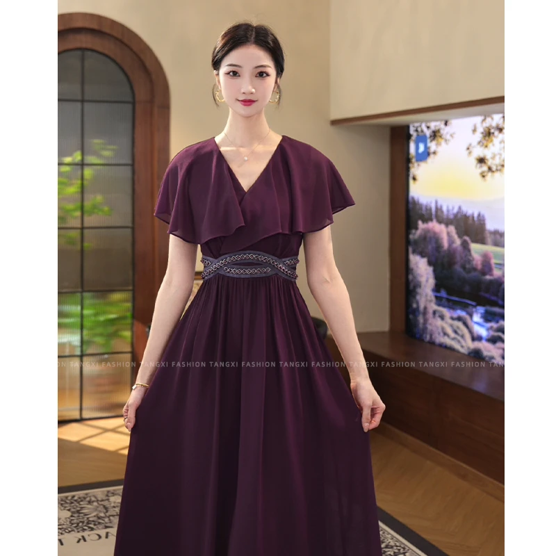 现货2025年夏季新款【Q24-X88】法式赫本风气质紫色收腰连衣裙子