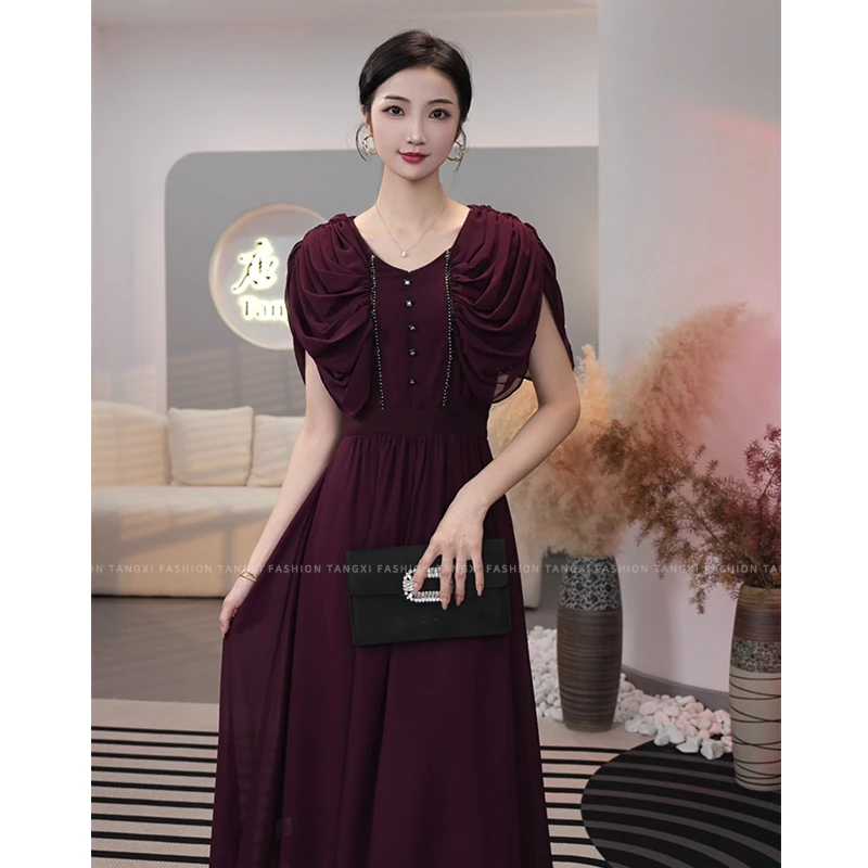 现货2025夏季新款【5322】法式高级感气质收腰V领酒红色连衣裙子女