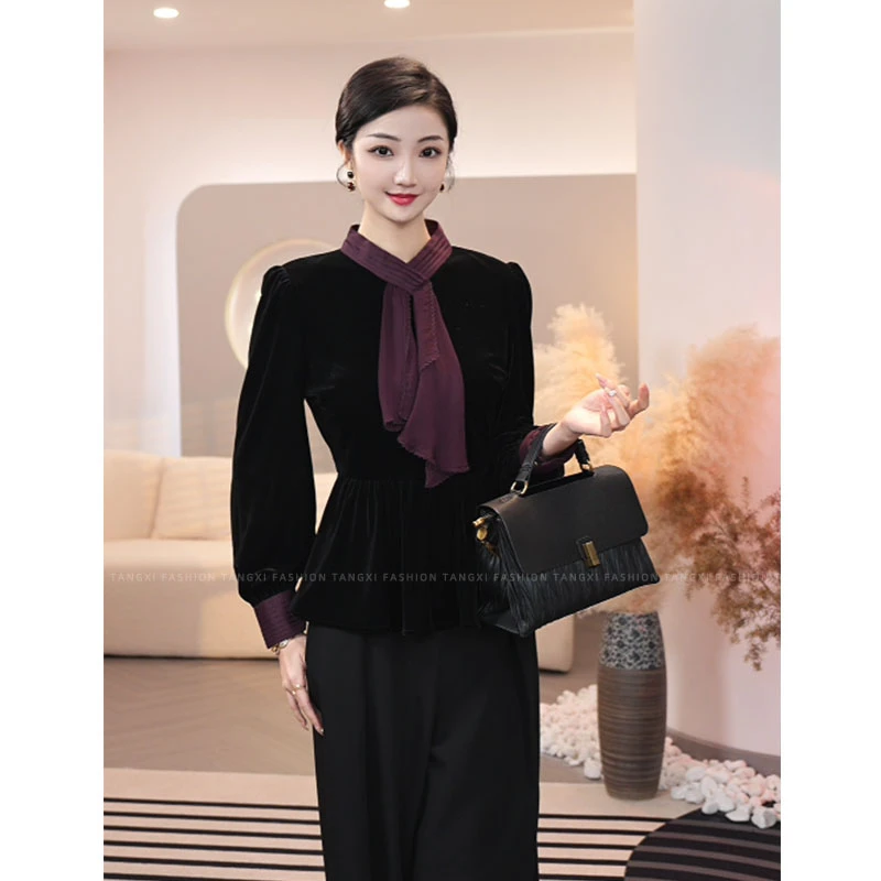 唐熹现货2025秋冬新款【LT24-Q698】时尚高级气质精美丝绒衬衫上衣