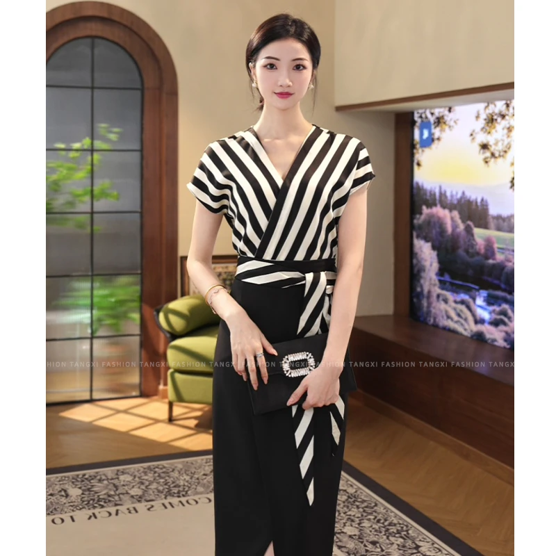 现货2025夏季新款【DD-6165】气质高级感小众v领条纹收腰拼接连衣裙