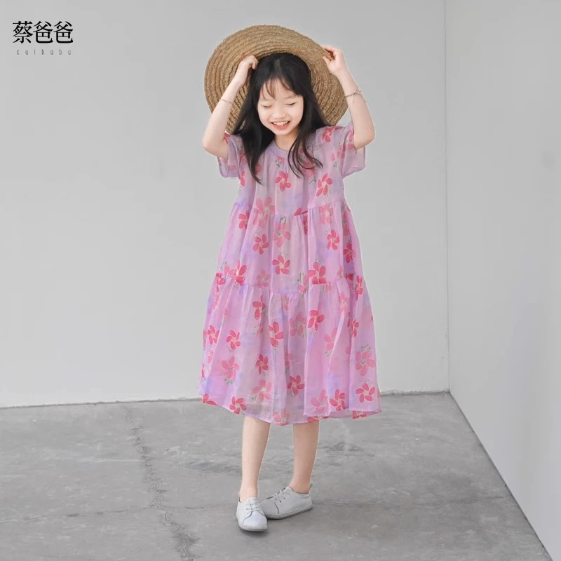 童装夏装女童连衣裙大童洋气裙子粉红花朵连衣裙 碎花显瘦儿童节