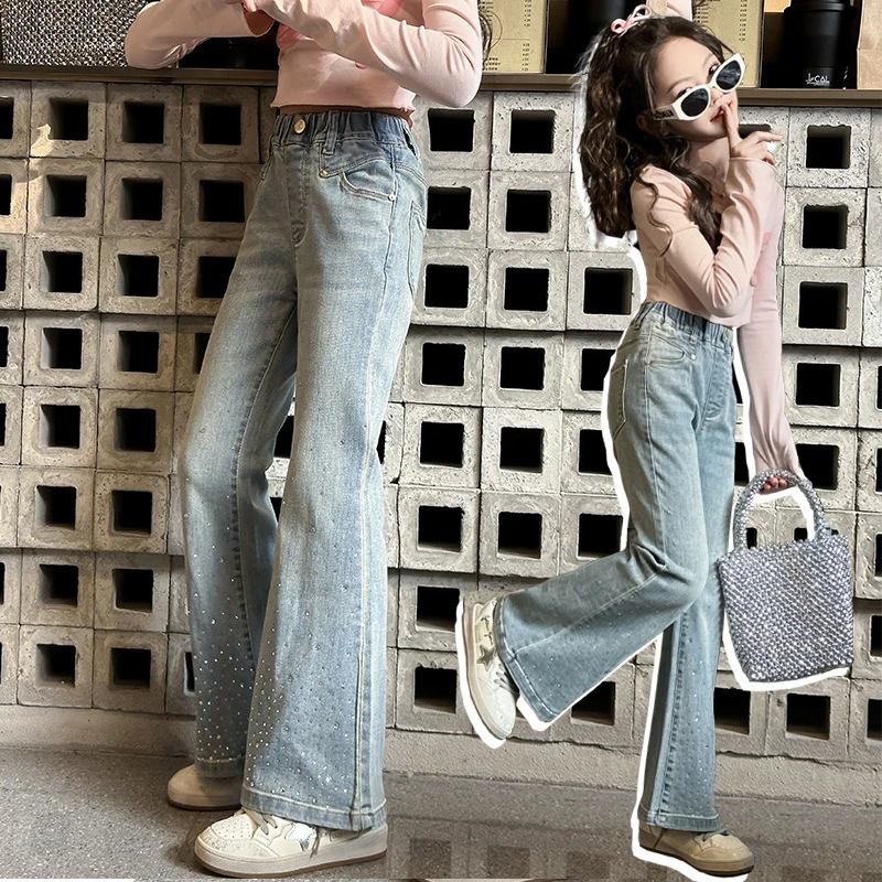 女童裤子春秋款2024新款儿童烫钻牛仔裤洋气修身外穿女大童喇叭裤