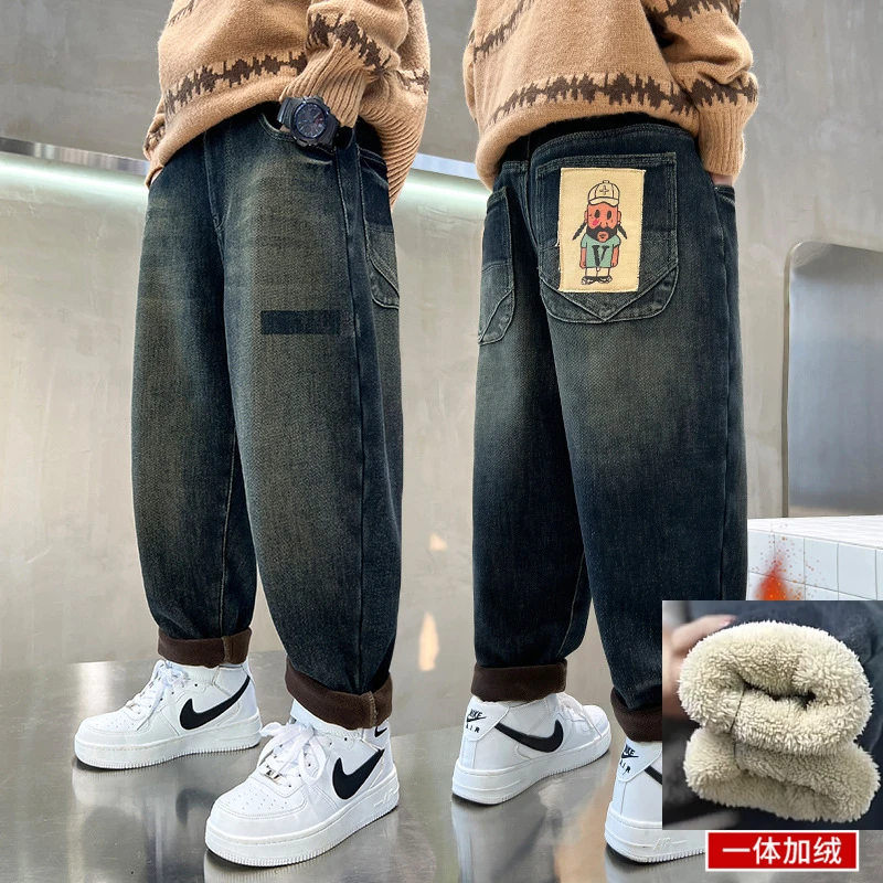 加毛长毛绒2023男童冬加绒牛仔裤新款中大童保暖冬装裤子一体绒