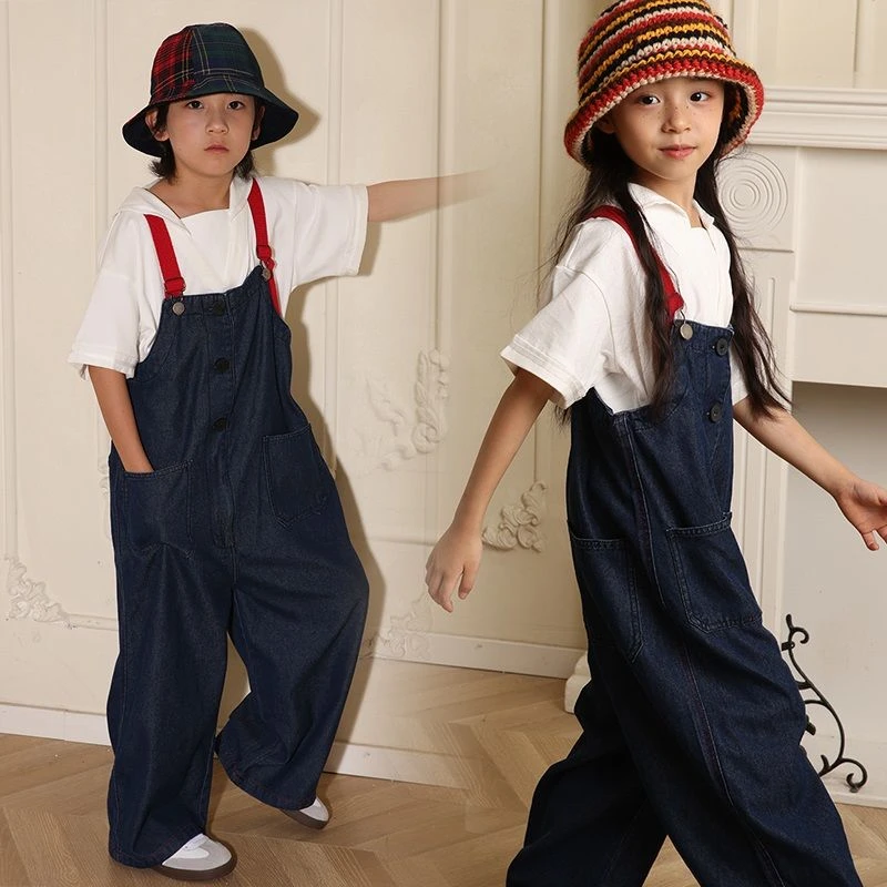 女童男童背带裤直筒裤长裤2024秋季撞色牛仔裤宽松百搭时尚裤子