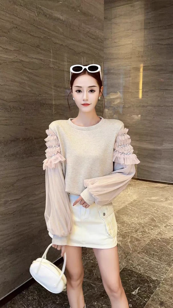 时尚潮流网纱拼接圆领T恤5080