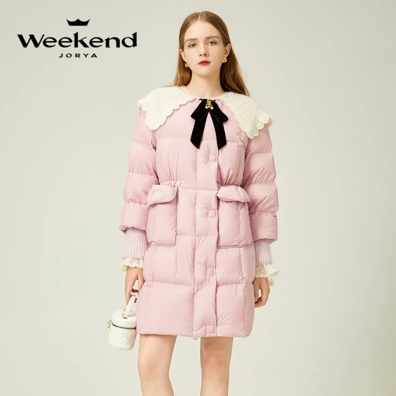 卓雅周末甜美织花针披肩收腰中长款羽绒服EJWDDQ64