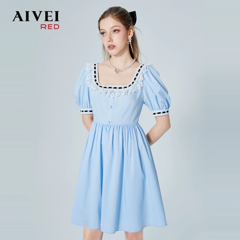 AIVEI夏蕾丝拼接方领甜美泡泡袖连衣裙P03W0035
