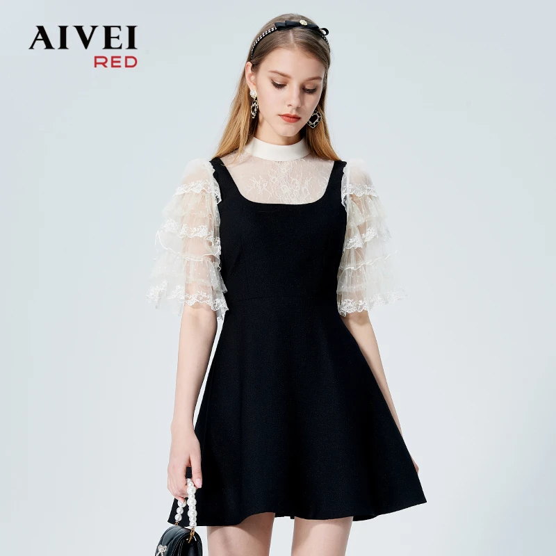 AIVEI夏新蕾丝拼接高腰气质淑女连衣裙P0360001