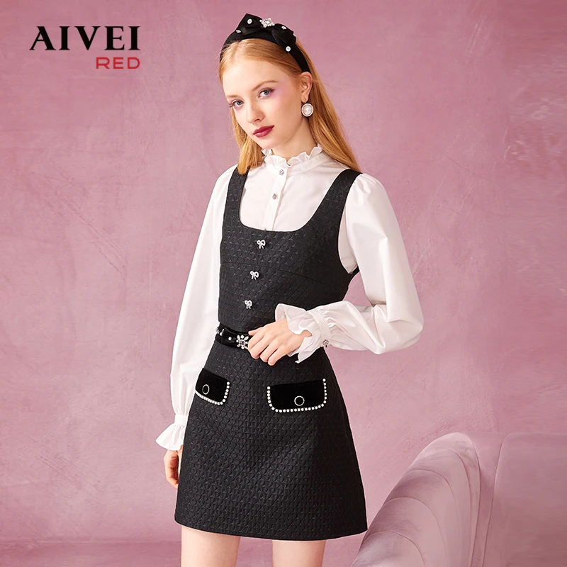 【千颂妮专属】AIVEI春宫廷木耳领衬衫黑色马甲两件套P0660004