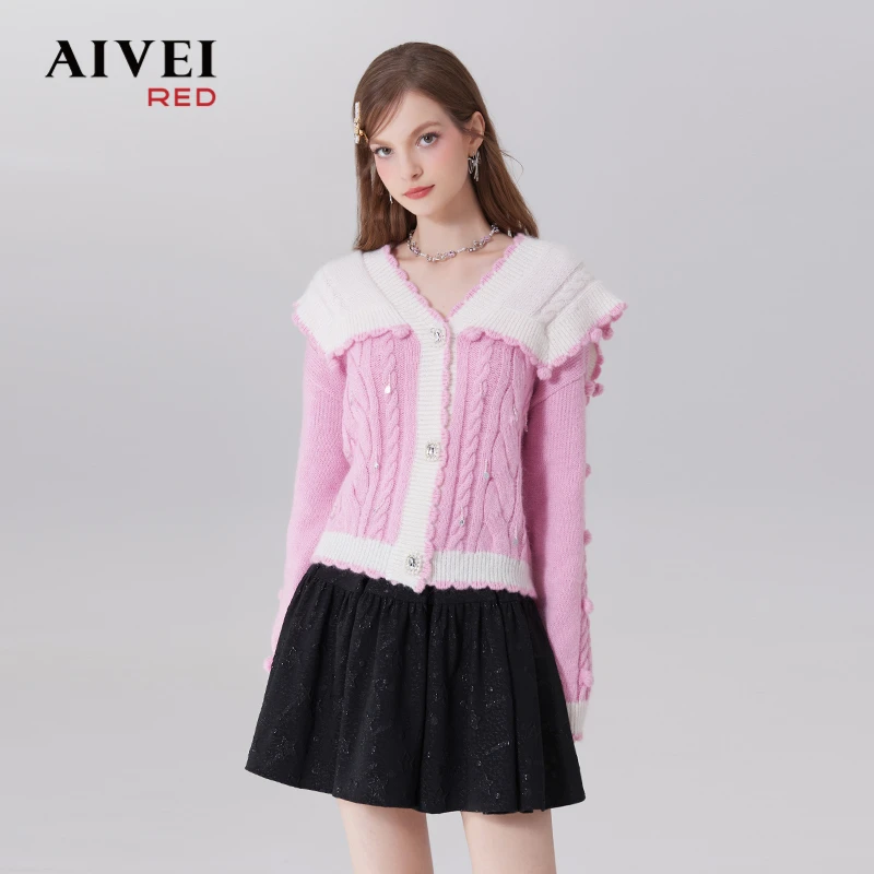 【金拐子专属】AIVEI奶呼呼减龄萌妹粉色撞色针织开衫Q056S013