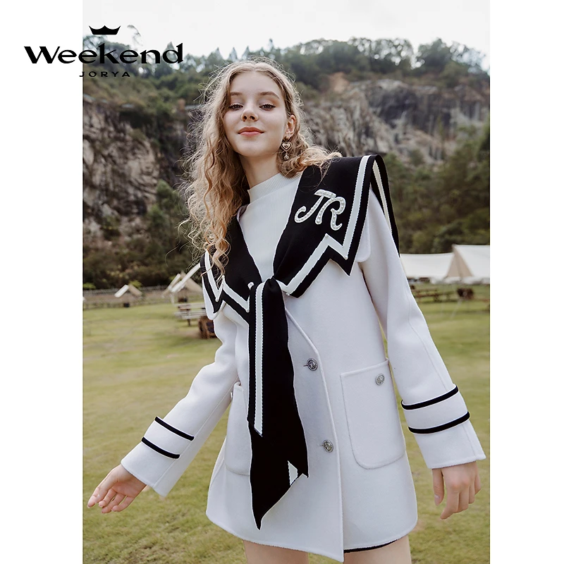 卓雅周末冬季新款学院风撞色海军领毛呢外EJWCDZ64