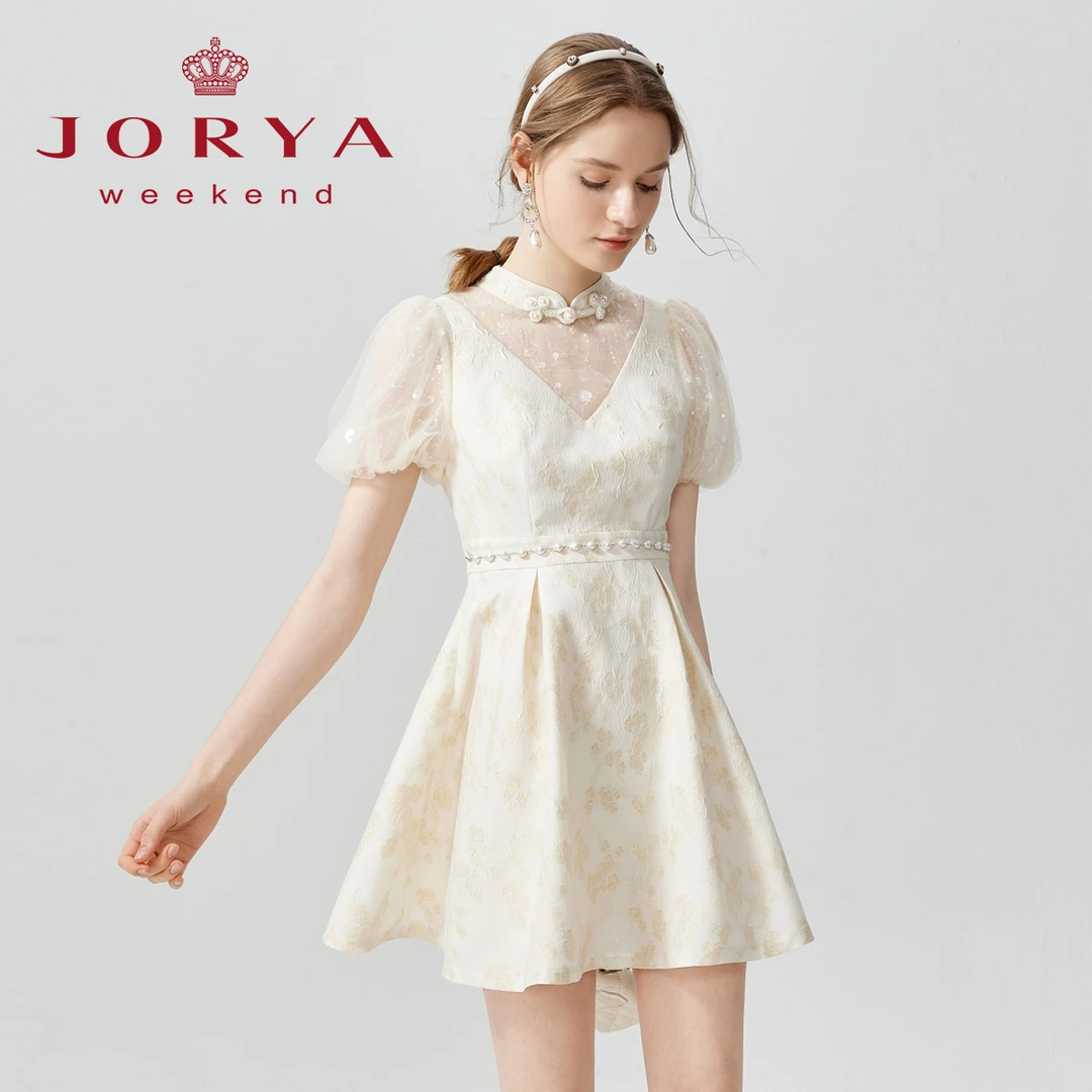 卓雅周末网纱蕾丝收腰新中式连衣裙EJWCBZ58