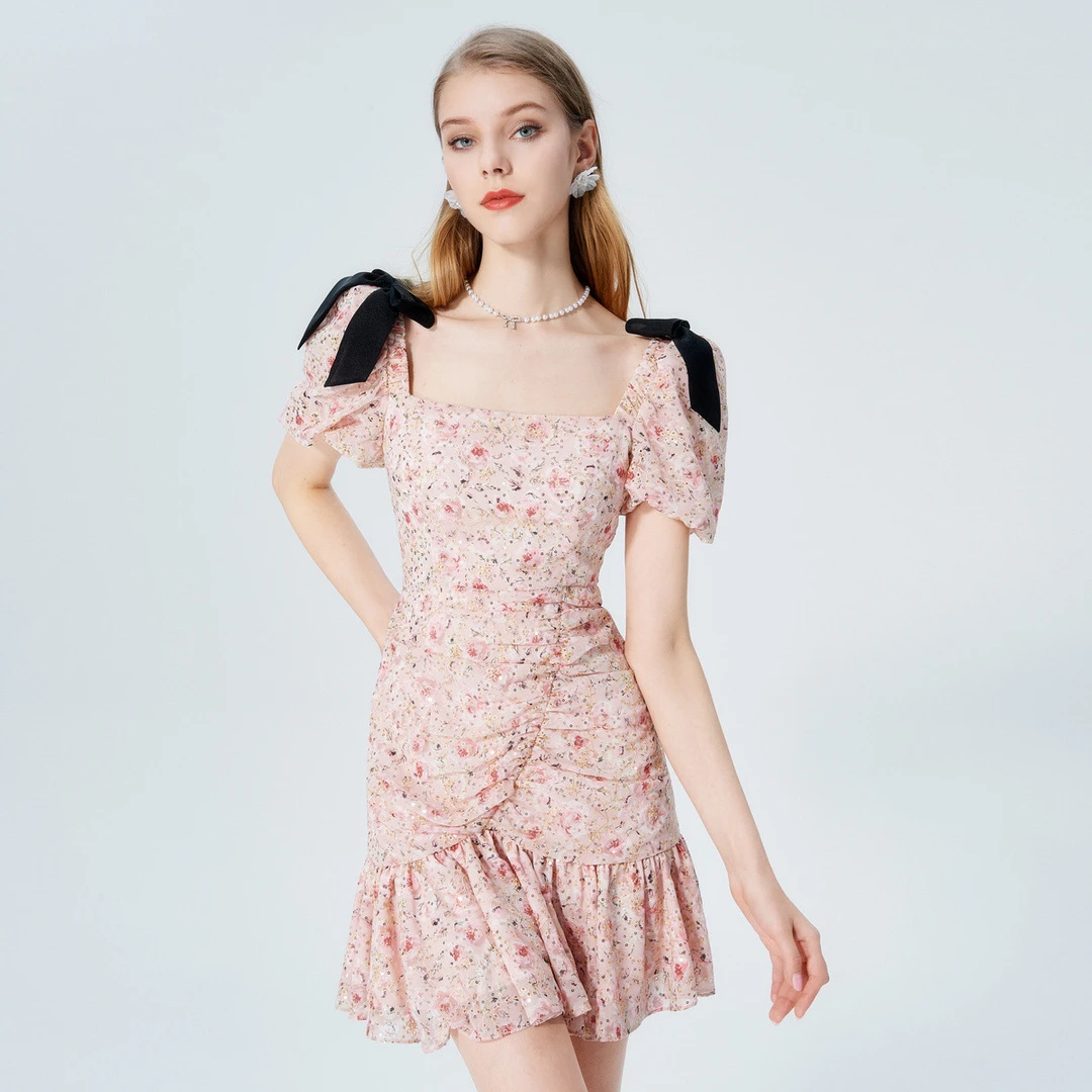 AIVEI蝴蝶结甜美气质碎花鱼尾连衣裙P036S055