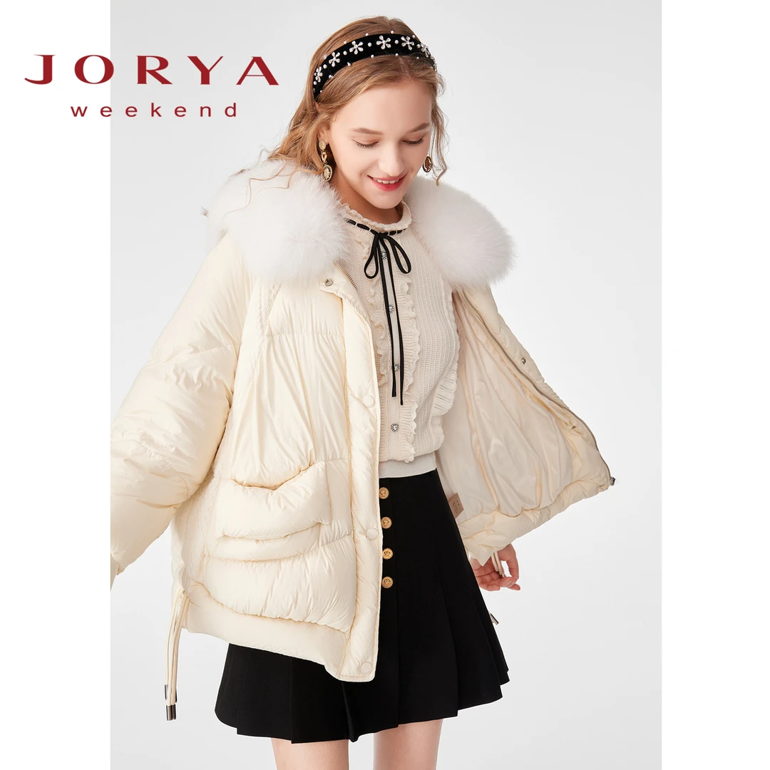 卓雅周末毛领针织拼接中长款泡芙羽绒服EJWCDF50