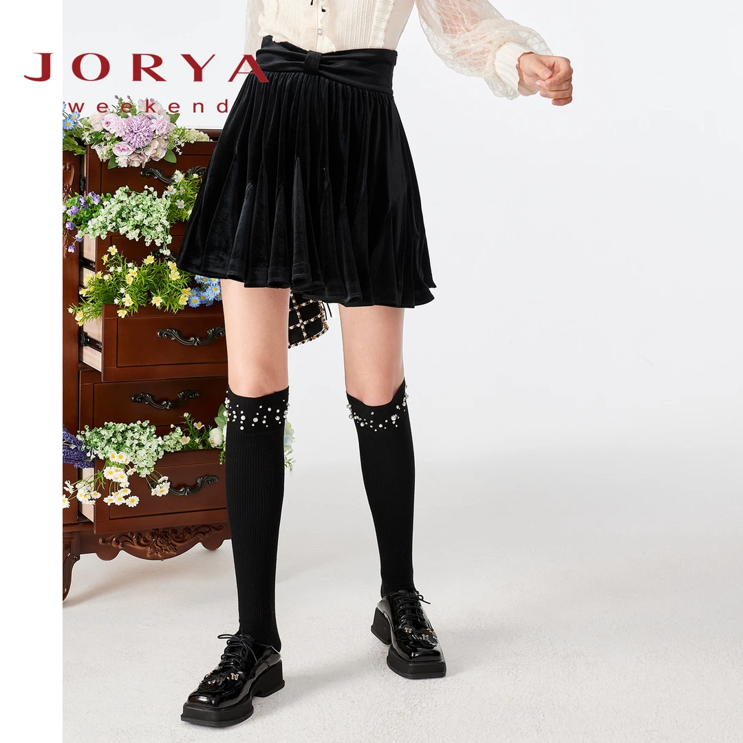 【诗语专属】卓雅周末蝴蝶结荷叶边丝绒高腰半身裙EJWCDC15