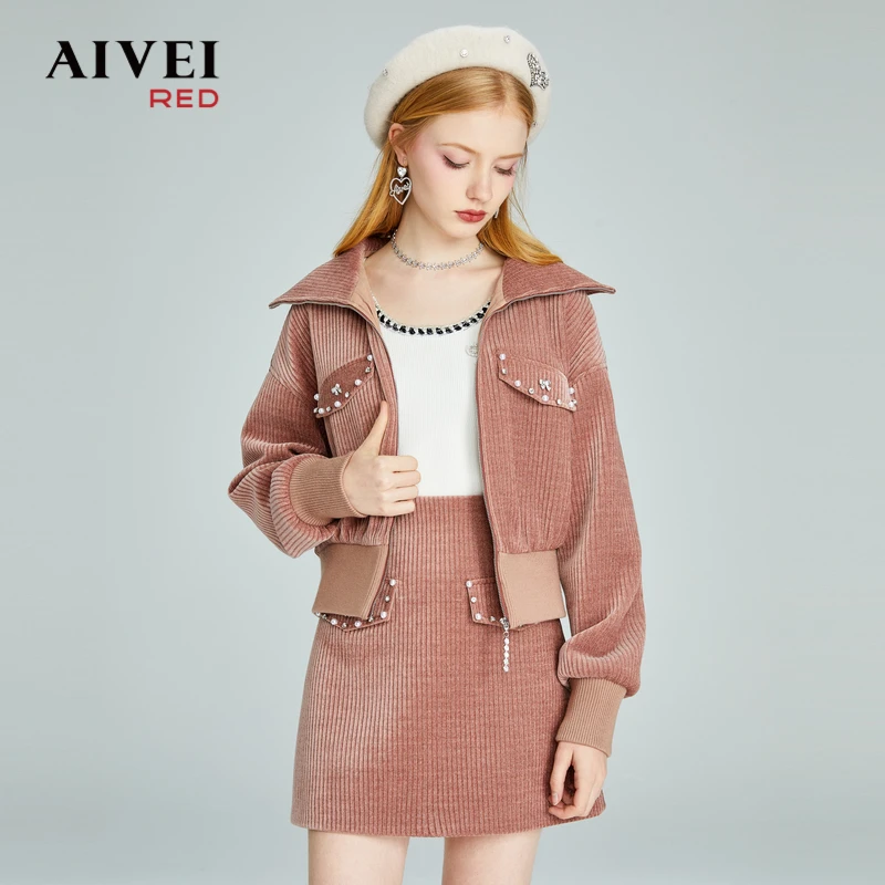 艾薇时尚休闲名媛灯芯绒外套短裙套装P0560121