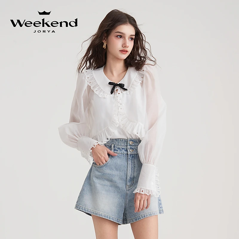 卓雅周末24法式浪漫镂空娃娃领设计雪纺衫EJWEBX08