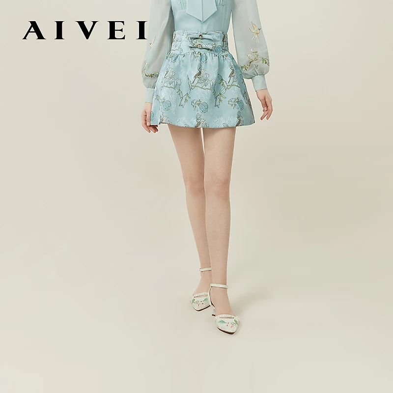 AIVEI国风花鸟提花薄荷曼波蓬蓬短裙R0160008