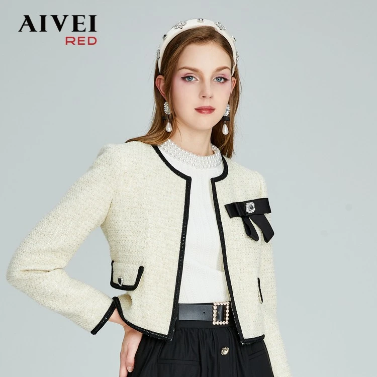 AIVEI小香风法式蝴蝶结胸针圆领短外套P056S009