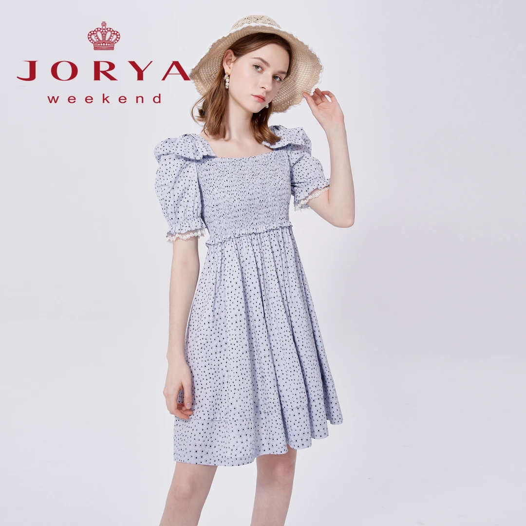 【若谷粉丝专属】卓雅周末蝴蝶结方领花朵压褶收腰连衣裙EJWCBQ58