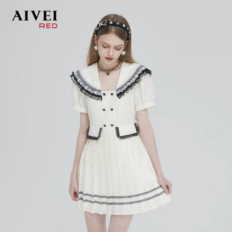 AIVEI春夏新减龄海军风高腰显瘦百褶连衣裙Q0160103