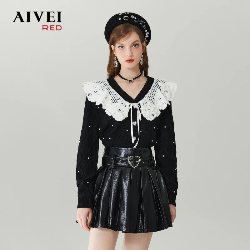 AIVEI艾薇新款荷叶边钉珠百搭毛衣针织衫Q0560211