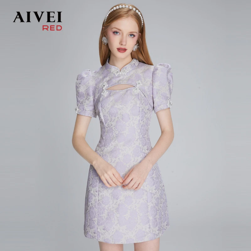 AIVEI夏新改良旗袍提花紫色蕾丝连衣裙P036S024