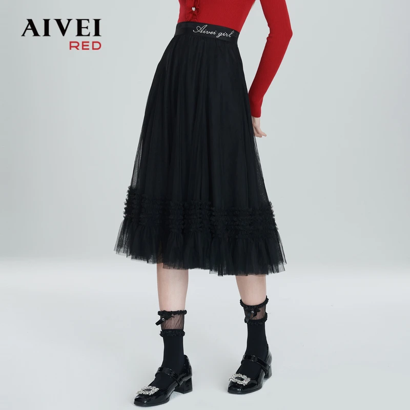 AIVEI秋季中长款压褶烫钻网纱裙P056S140