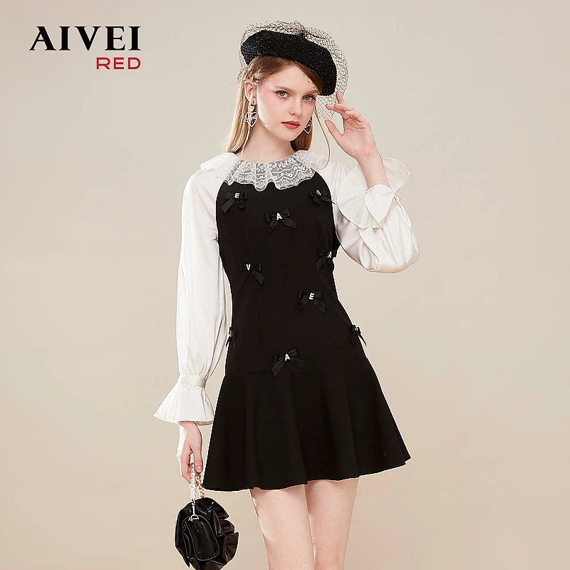 【陈大可专属】AIVEI艾薇甜美撞色气质长袖连衣裙Q0660183