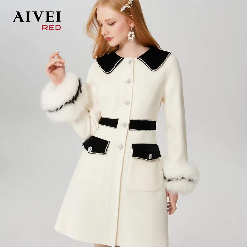 【陈大可专属】AIVEI冬新撞色娃娃领中长款大衣外套Q06W0021