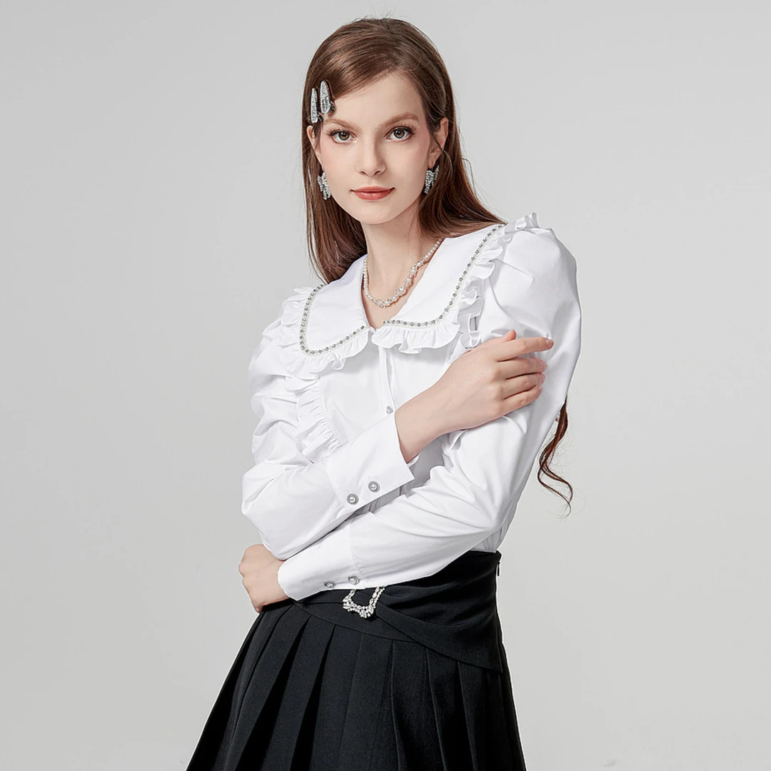 【达人专享】AIVEI冬新温柔甜美风娃娃领荷叶边衬衫Q05W0012