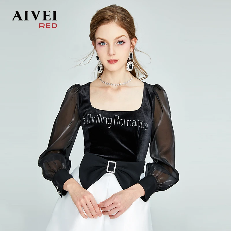 【芊芊专属】AIVEI春名媛风雪纺袖方领粘钻丝绒上衣P056S005
