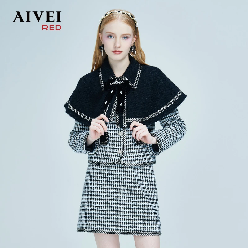 【赵老板专属】AIVEI冬小香风粗花呢千鸟格斗篷短外套P0660082